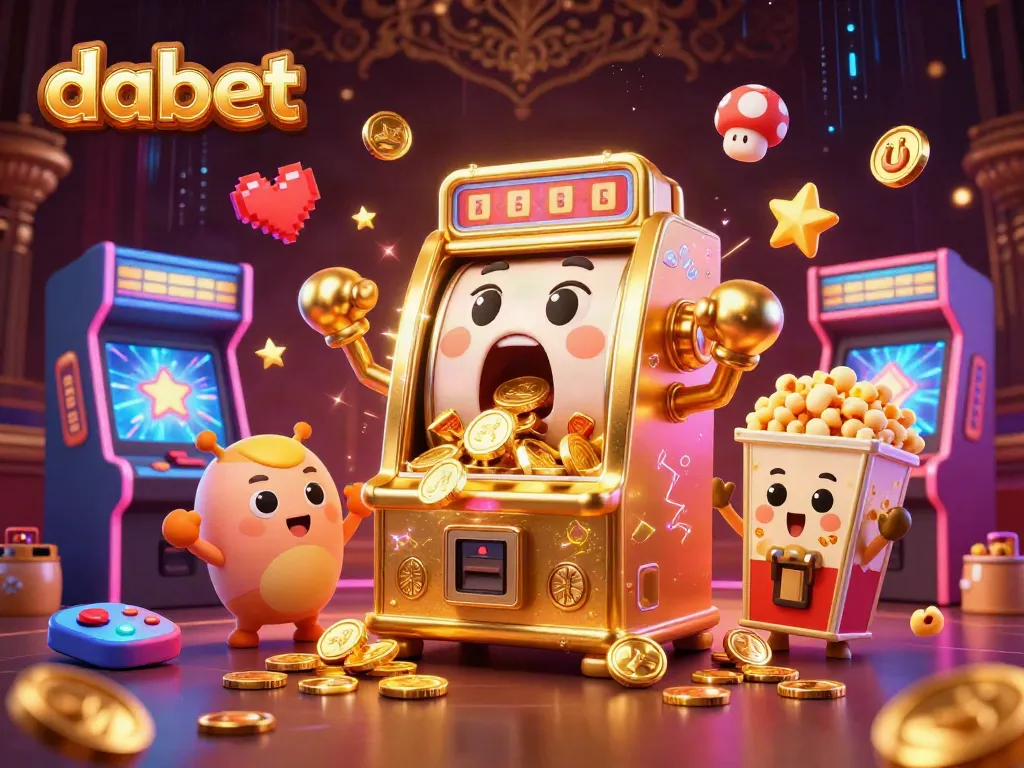 Experience the thrilling dabet jackpot moment with a golden slot machine bursting coins and cheerful allies!