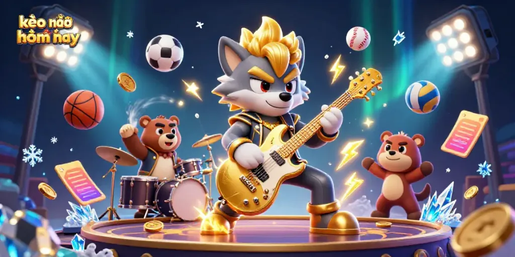 Experience the excitement of kèo nhà cái hôm nay with dynamic sports display featuring a rock star wolf.
