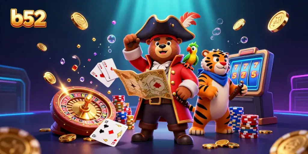 Engage in thrilling gaming action at b52 with golden coins and dynamic characters