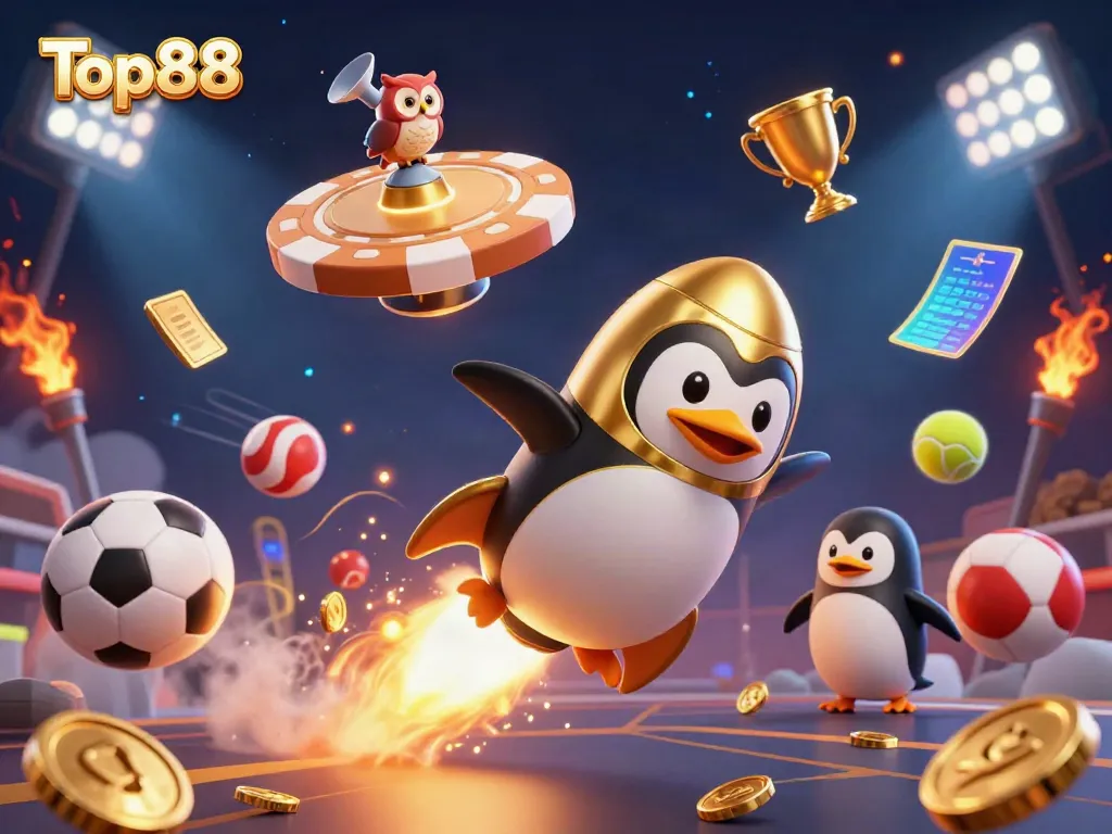Experience the excitement of Top88 with a golden penguin racing through a dynamic casino-themed cosmos.