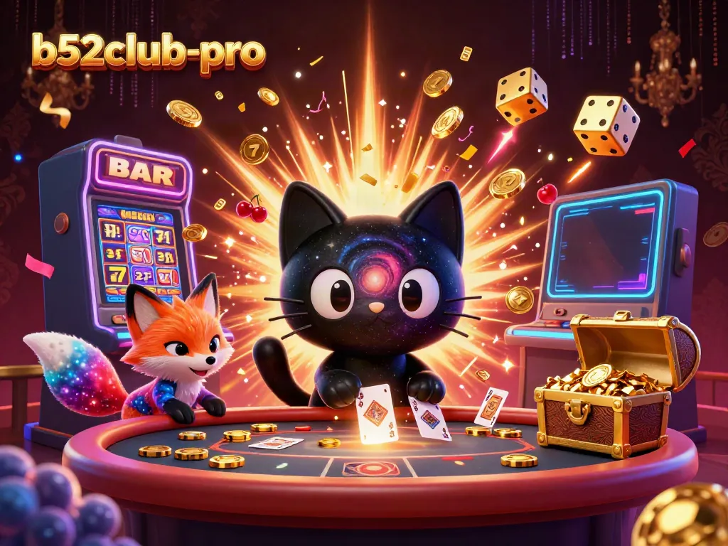Experience the excitement of b52club-pro with a cosmic casino scene featuring a black hole cat and nebula fox pulling in golden chips.