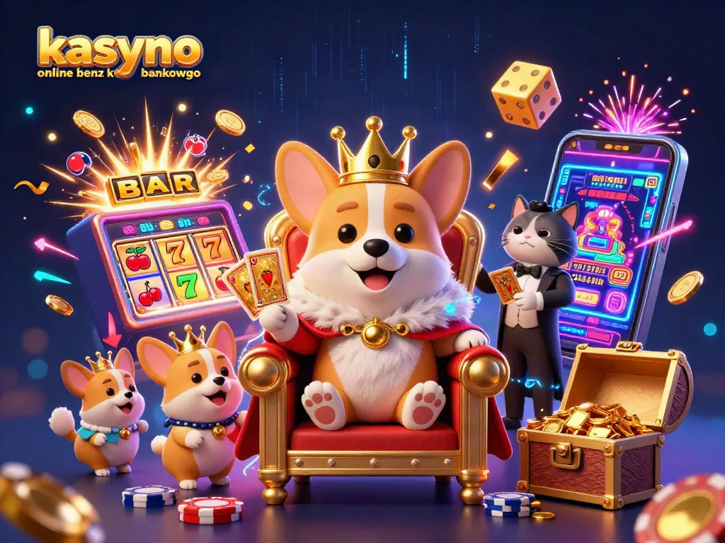 Unleash excitement with kasyno online bez konta bankowego, featuring vibrant casino elements and a regal corgi.