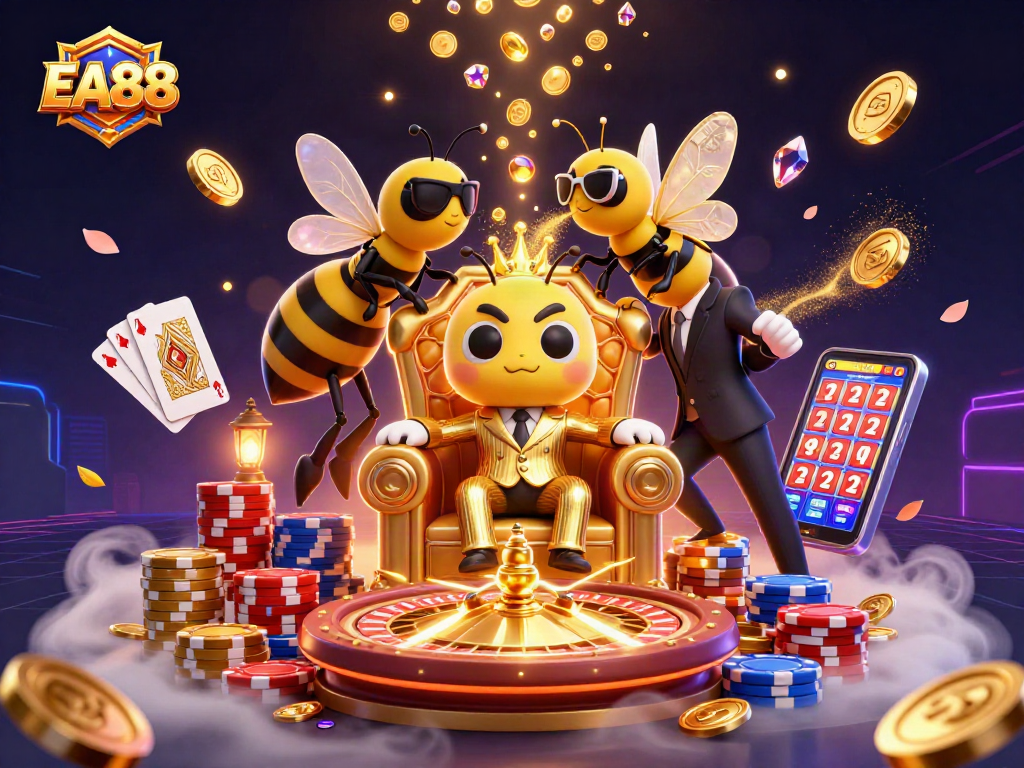 Spin the reels with EA88 in this vibrant 3D casino scene bursting with action and excitement.
