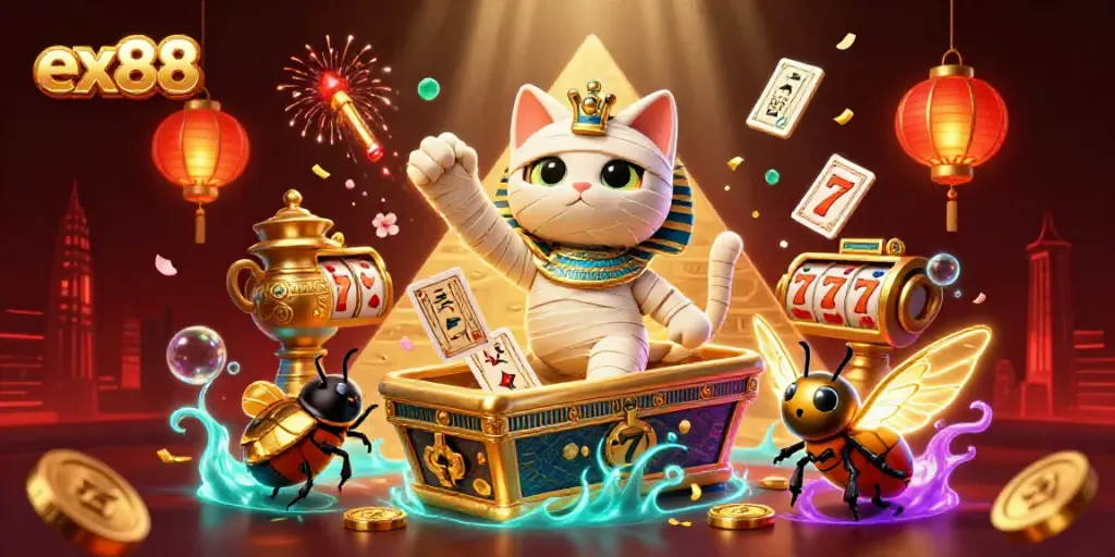 Engage in fun with ex88's thrilling slots and games, featuring an Egyptian mummy cat bursting from a sarcophagus in a vibrant casino.
