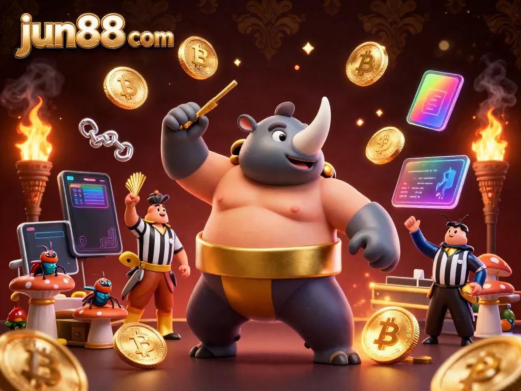 Engage with the vibrant game atmosphere at jun88 com featuring a sumo beetle champion amidst flying coins and crypto elements.