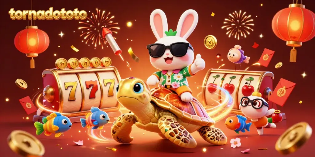 Play exciting games at tornadototo with a vibrant 3D scene featuring a lucky rabbit on a gold sea turtle.