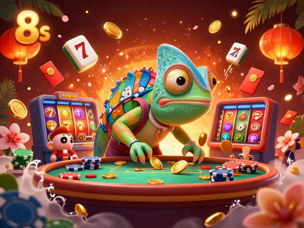 Experience the excitement of 8s at this vibrant casino illustration featuring a colorful chameleon owner.