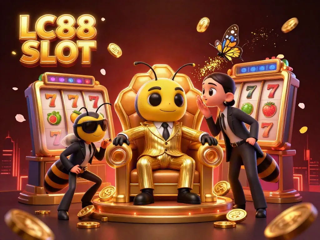 Spin to win with LC88 SLOT's vibrant 3D illustration showcasing a lively slot scene with cartoon characters.