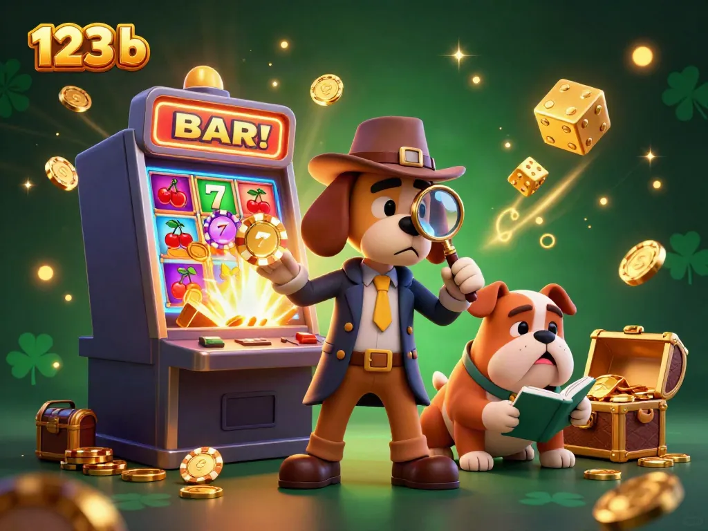 Engage in exciting gaming with 123 b in this vibrant 3D casino scene filled with jackpots and clues.