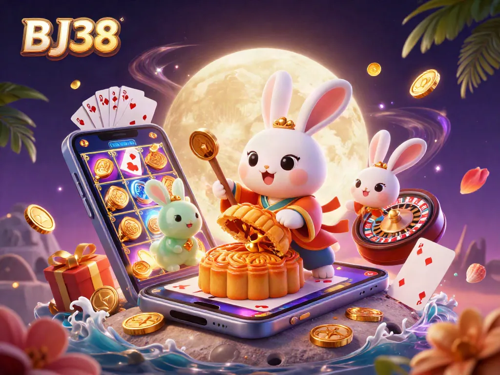 BJ38 captivates with a vibrant scene showcasing a moon rabbit and jade companion in a casino-themed lunar setting.