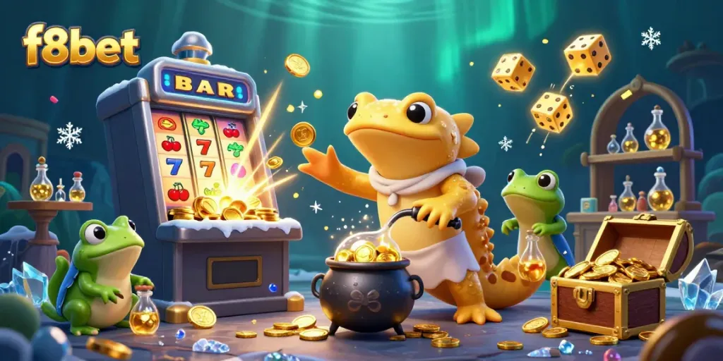 Experience the thrilling action of f8bet in this vibrant 3D casino scene filled with alchemical wonders and jackpot excitement.
