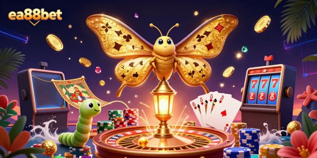 Experience the excitement of ea88bet with a vibrant 3D casino scene showcasing golden opportunities and dynamic gameplay.