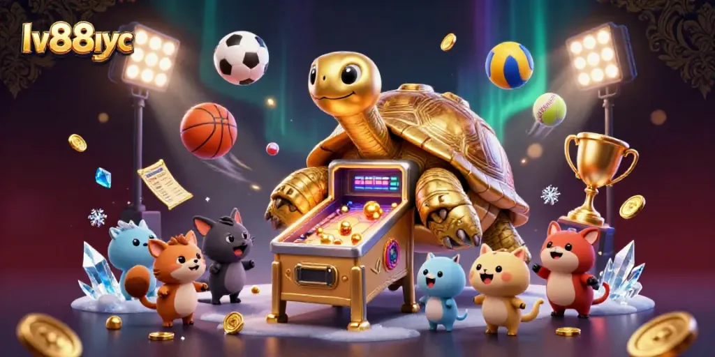 Engage with lv88nyc's vibrant 3D casino featuring a colossal tortoise pinball machine amid flying sports elements.