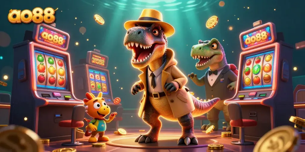 Win big at ao88 as a velociraptor card counter spins the slot reels amidst golden coins