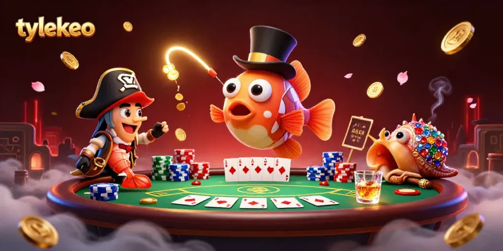 Engage with tylekeo as an anglerfish in a top hat gathers golden coins amidst a lively poker scene.