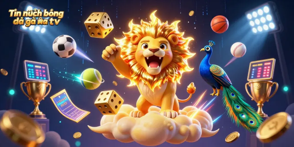 The scene captures Tin tức bóng đá gà vàng tv with a roaring sun lion, sports elements, and dynamic betting action.