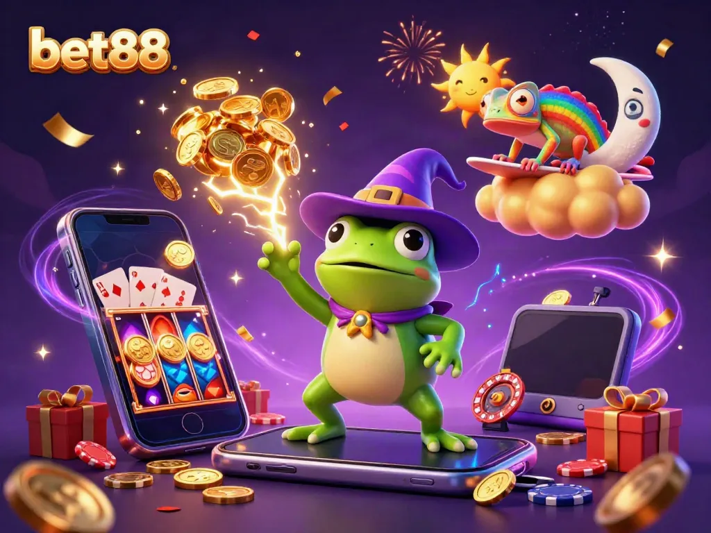Bet88 features a magical scene with a wizard frog and golden coins in an exciting casino atmosphere.