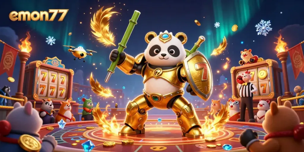 Experience thrilling gameplay at emon77 in a vibrant casino scene featuring a golden panda in a mech-suit.