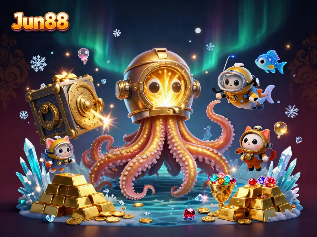 Join the thrilling adventure at Jun88 with a colossal kraken guarding treasure, perfect for gaming excitement.