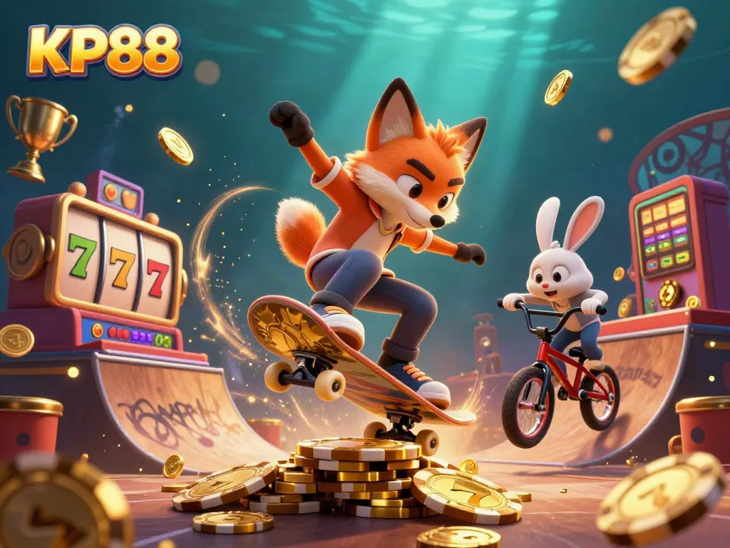 Experience vibrant casino thrills as KP88 brings together dynamic characters and slot reels in a lively illustration.