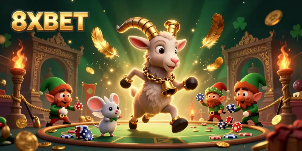 Join the festive casino adventure with 8XBET featuring a Krampus goat, angel mouse, and mischievous elf gremlins.