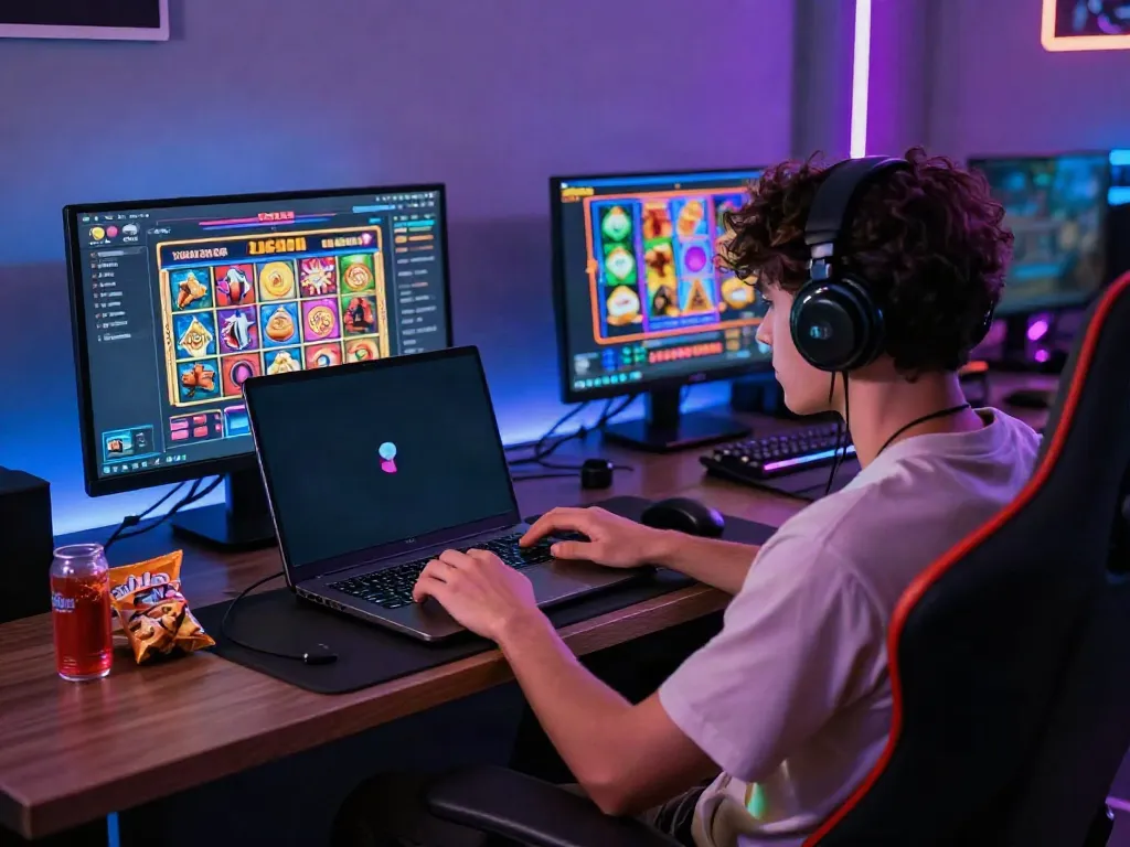 Player engaging with slot88 games on a laptop in a vibrant gaming environment