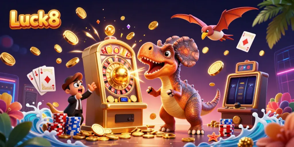 Luck8 casino scene featuring vibrant characters and dynamic gaming elements for an engaging experience.