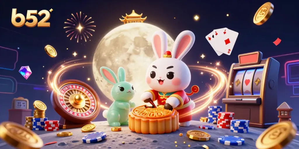 Experience thrilling b52 gameplay with a moon rabbit revealing poker chips among festive casino elements.