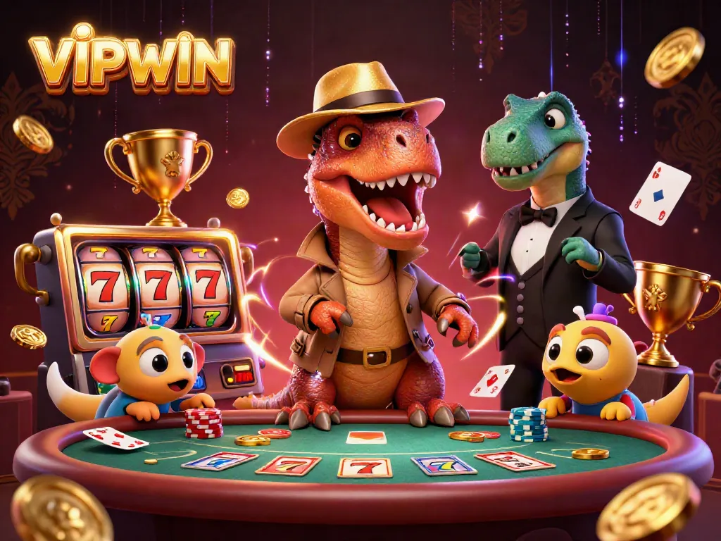 VIPWIN velociraptor card counter at blackjack surrounded by dynamic casino elements and golden trophy cups.