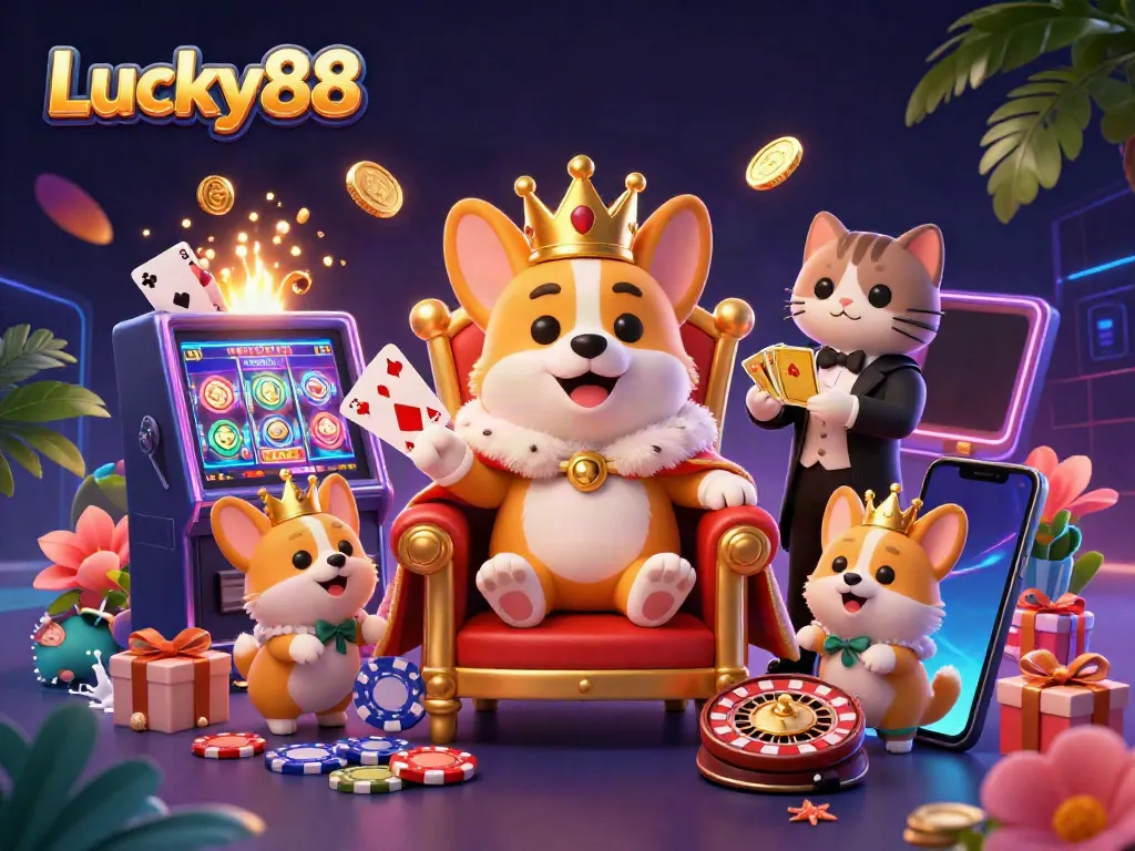 Experience the excitement of Lucky88 with playful corgis in a vibrant casino scene bursting with energy.