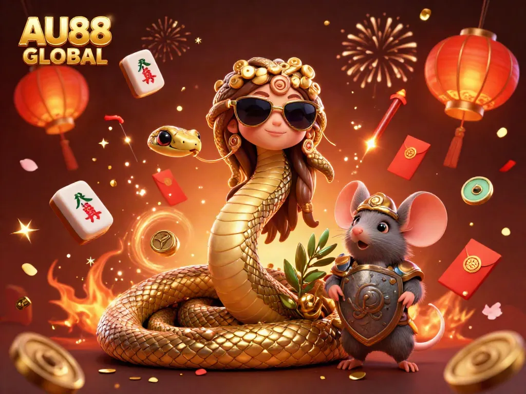 Experience the vibrant gameplay at AU88 GLOBAL with our lively Medusa character and festive casino elements.