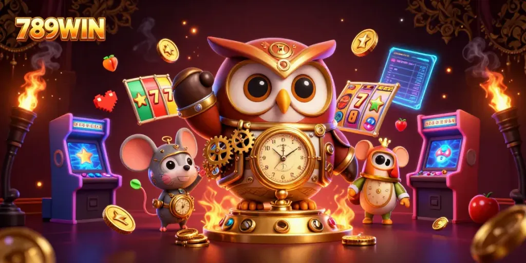 Engage in thrilling slots action at 789WIN as the cartoon owl navigates a steampunk casino.