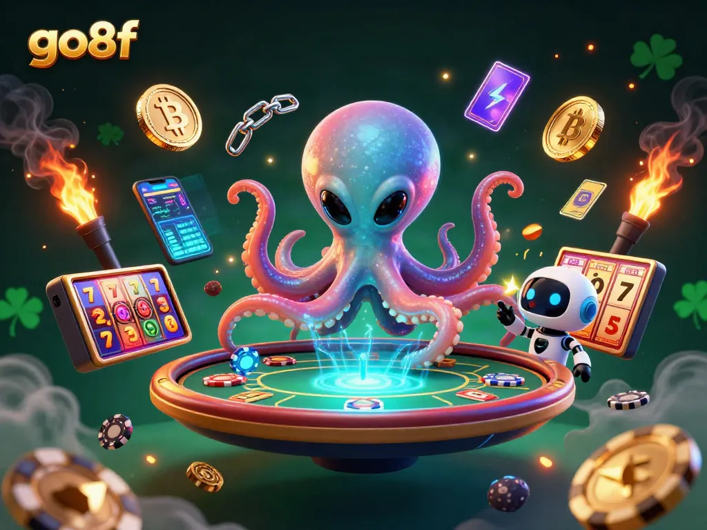 Experience the go8f excitement at a holographic poker table under cosmic lights.