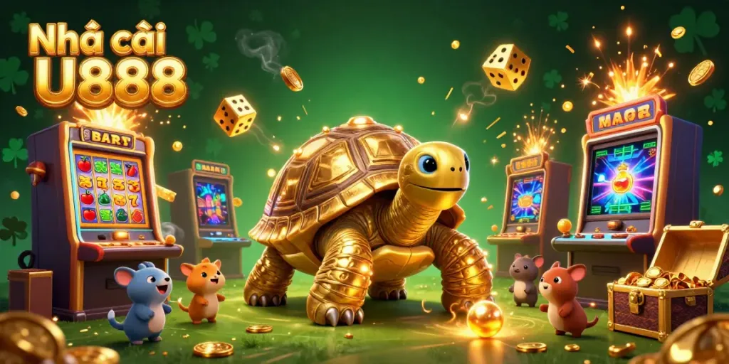 Engage with Nhà cái U888 in an exciting casino scene featuring a golden tortoise pinball machine and slot machines.