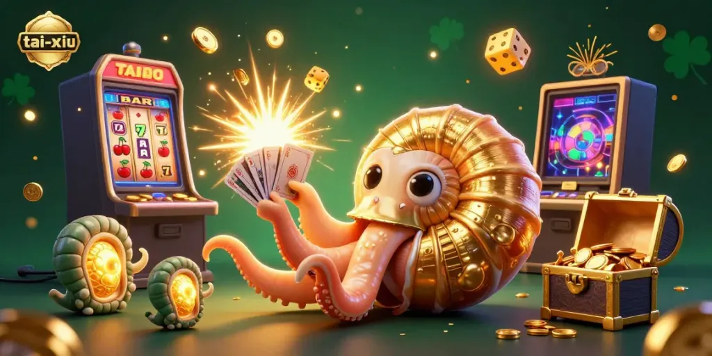 Experience tai-xiu thrills with a giant nautilus, dazzling slot machines, and glowing treasures in this vibrant casino scene.