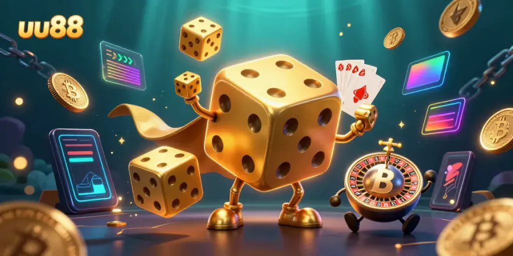 Experience dazzling gameplay at uu88 with golden dice juggling and vibrant crypto elements.
