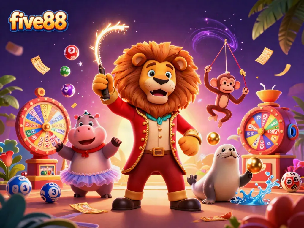 Betting excitement with five88 as illustrated by lively circus characters celebrating a jackpot.