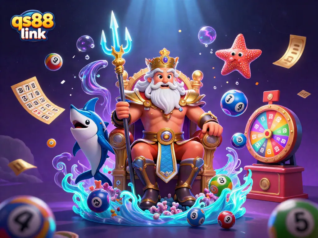 Spin and win with the qs88 link in this vibrant 3D casino illustration featuring Neptune and games!