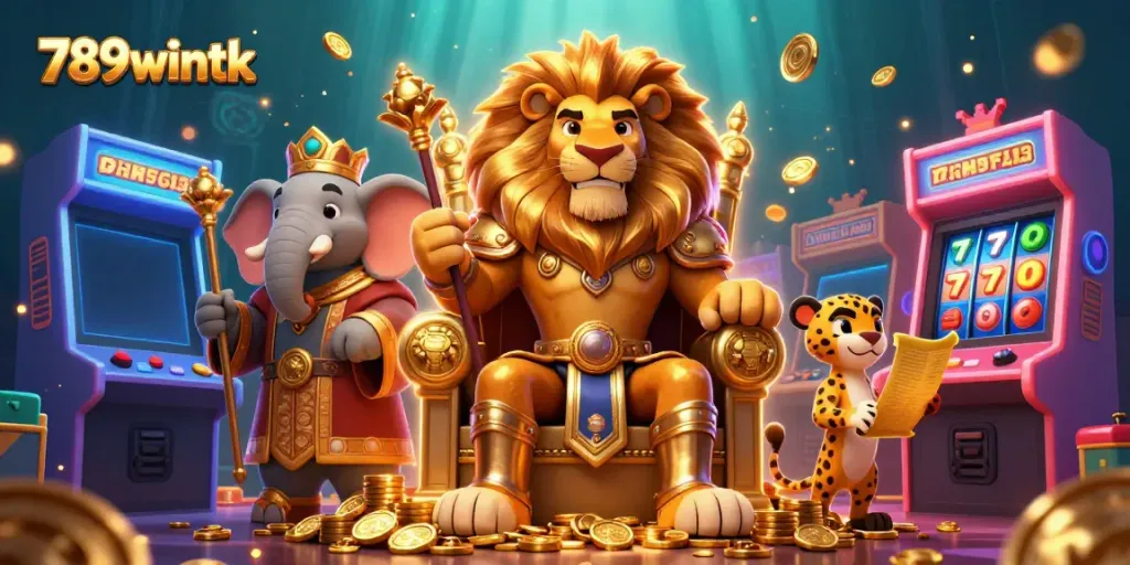 Experience the excitement of 789wintk with a royal lion king, elephant advisor, and cheetah messenger in a vibrant casino setting.