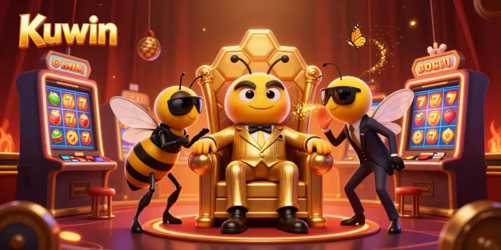 Kuwin casino scene with a cartoon bee mob boss and slot machines, showcasing vibrant gaming action.