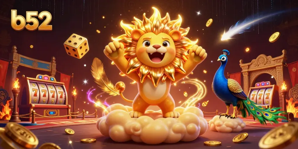 Engage with the b52 slot experience featuring golden dice and a roaring lion amidst dynamic casino themes.