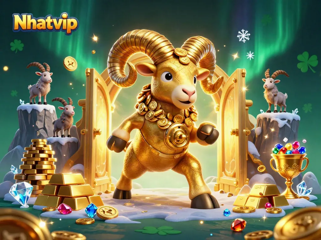 Nhatvip showcases a golden ram charging through a vibrant casino scene filled with treasures.