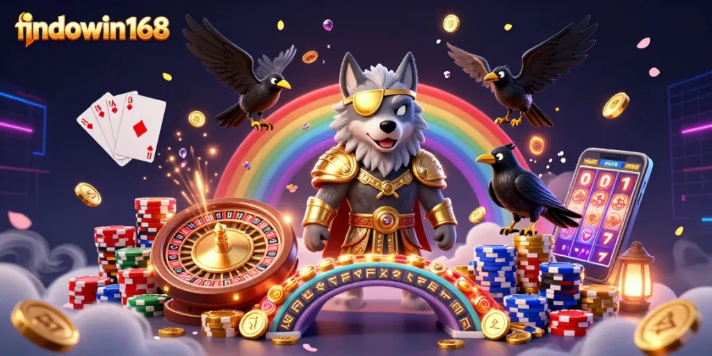 Engage with indowin168's thrilling 3D Norse-themed casino scene featuring Odin wolf, ravens, and vibrant gaming elements.