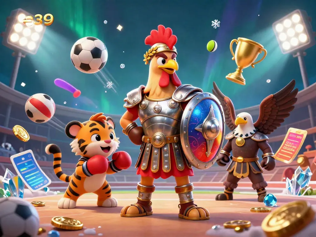 Engaging e39 gaming scene featuring a gladiator rooster, tiger cub, and eagle with vibrant sports elements.