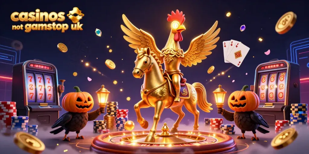 Experience the thrill of casinos not on gamstop uk with a magical scene featuring a golden rooster and friends.