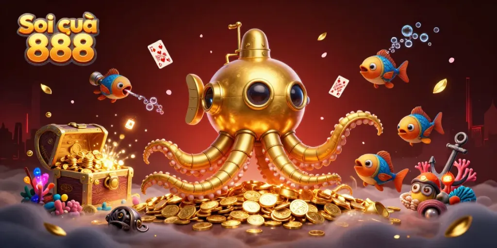 Soi cầu 888 showcases a dynamic underwater scene with a golden kraken submarine and mechanical fish, filled with casino elements.