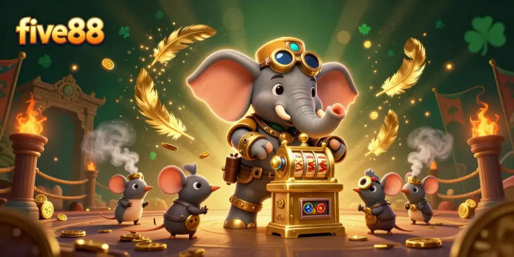 Experience exciting gameplay at five88 with a steampunk elephant engineer operating a golden slot machine.