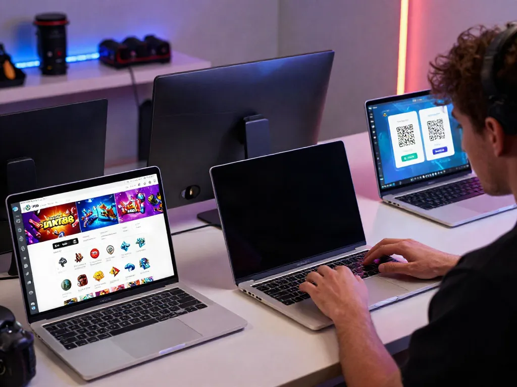 Engaging scene showing a user exploring the server Thailand gaming platform TOKYO404 on multiple devices, highlighting QRIS payments.