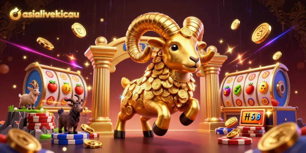 Experience the excitement of asialivekicau with a vibrant 3D illustration showcasing dynamic slot games and a golden ram.
