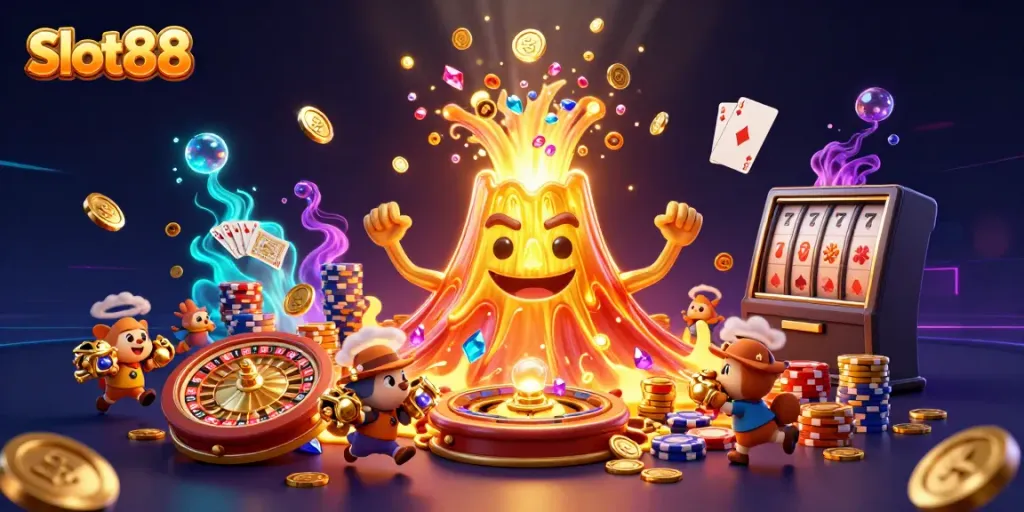 Experience the excitement of Slot88 with vibrant treasures and dynamic gaming elements in a rich illustration.